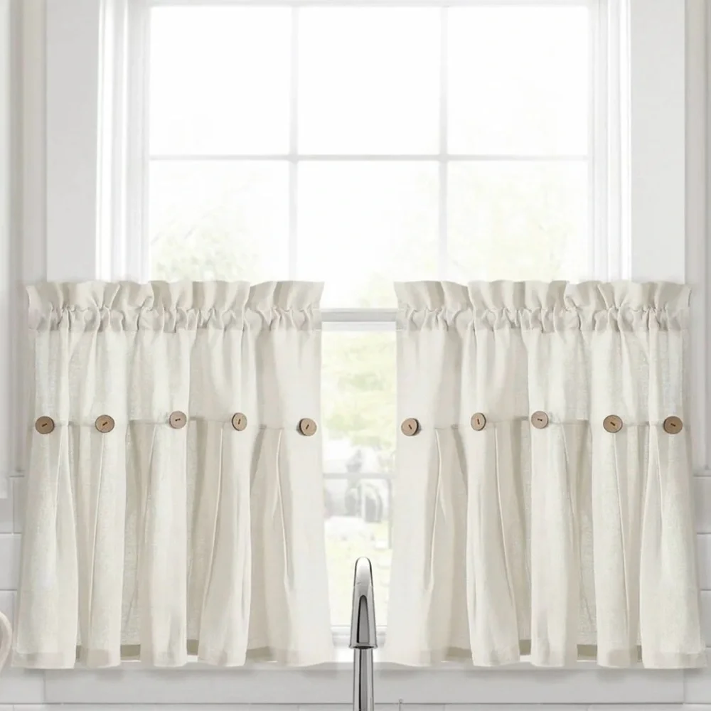 Lush Decor Linen Button Farmhouse Kitchen Curtains Tier Set 29